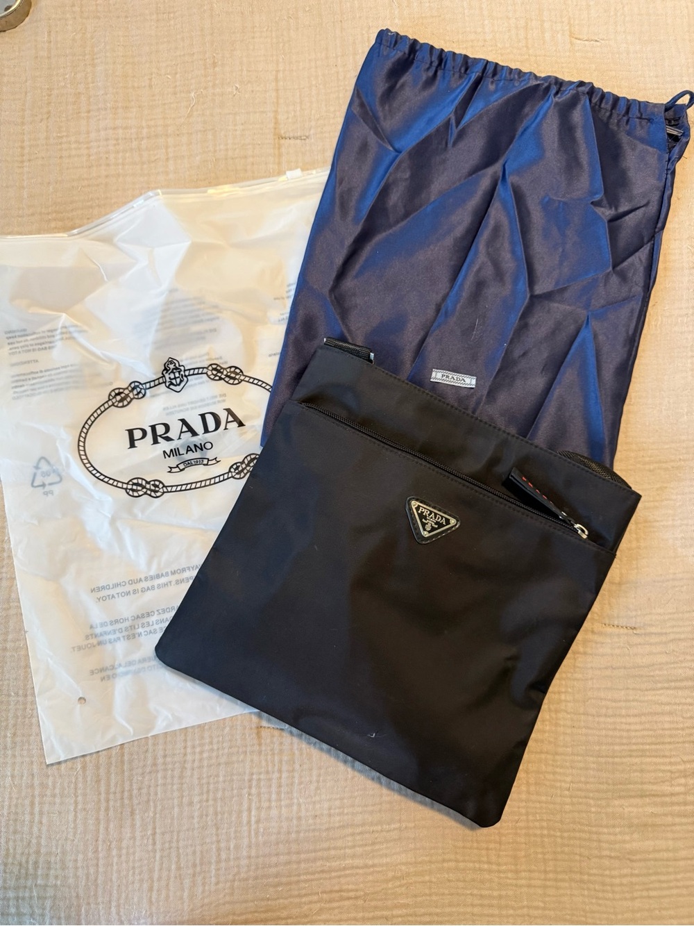 Prada Navy Nylon Shoulder Tote with Logo Zip Pull